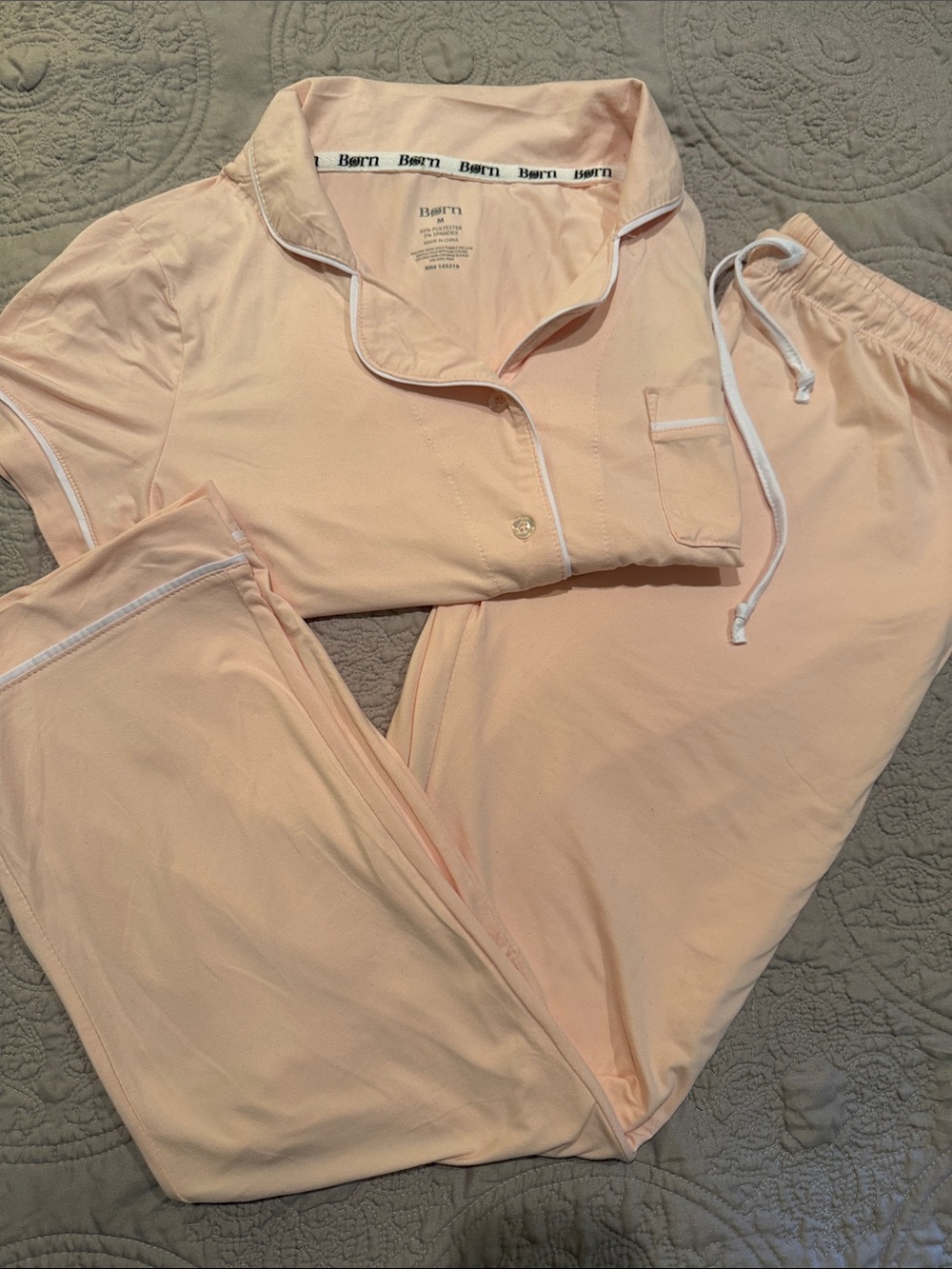 Born Peach Pajama Set with White Contrast Piping